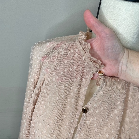 Keepsake Blush Pink Sheer Swiss Dot Peasant Open Front Button Up Blouse Small 4 - Picture 5 of 11